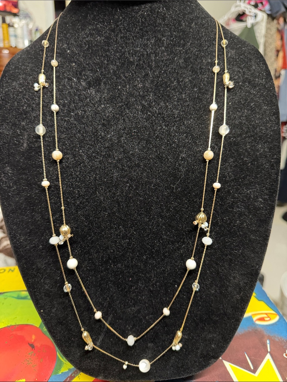 Loft floating beads Gold Long Layered Beaded Necklace - White and Gold 40”